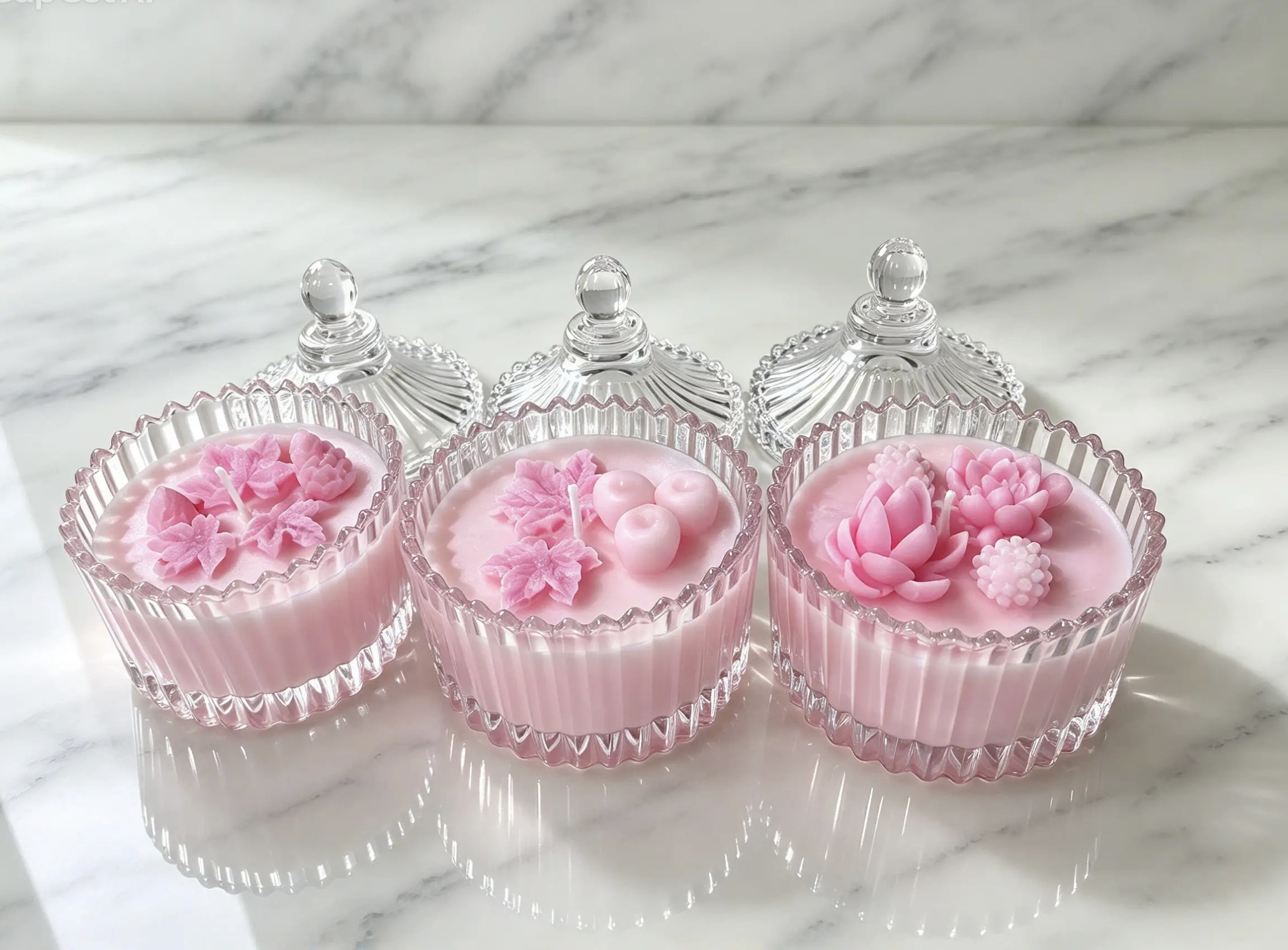 Tre candele rosa in contenitori di vetro decorati con dettagli floreali