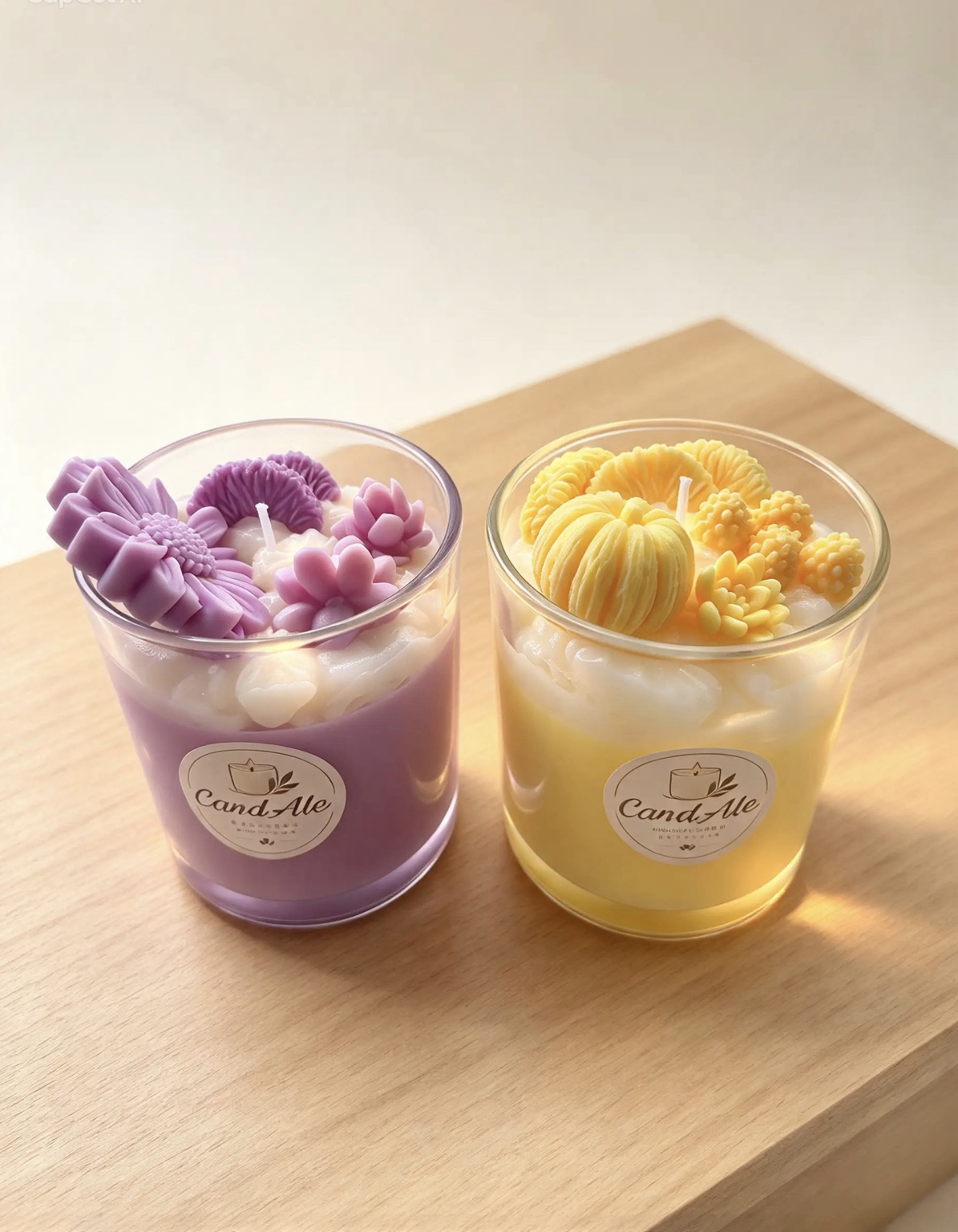 Due candele CandAle lilla e gialla decorate con fiori e dettagli in cera