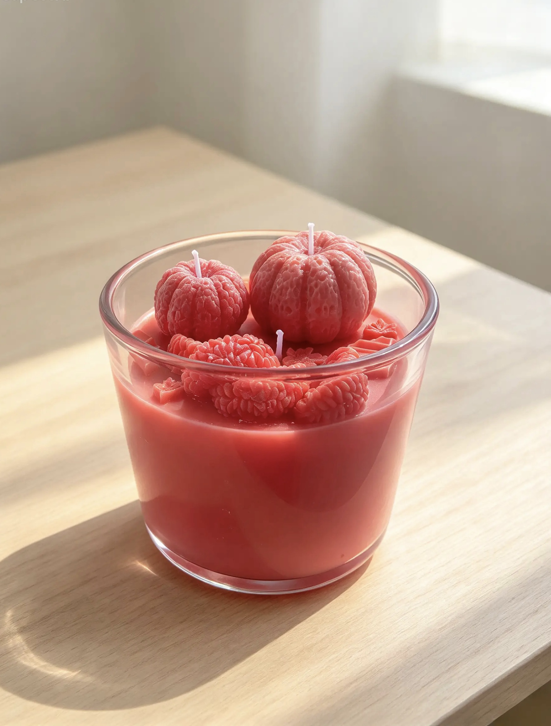 Candela rossa in vetro decorata con piccoli frutti di cera