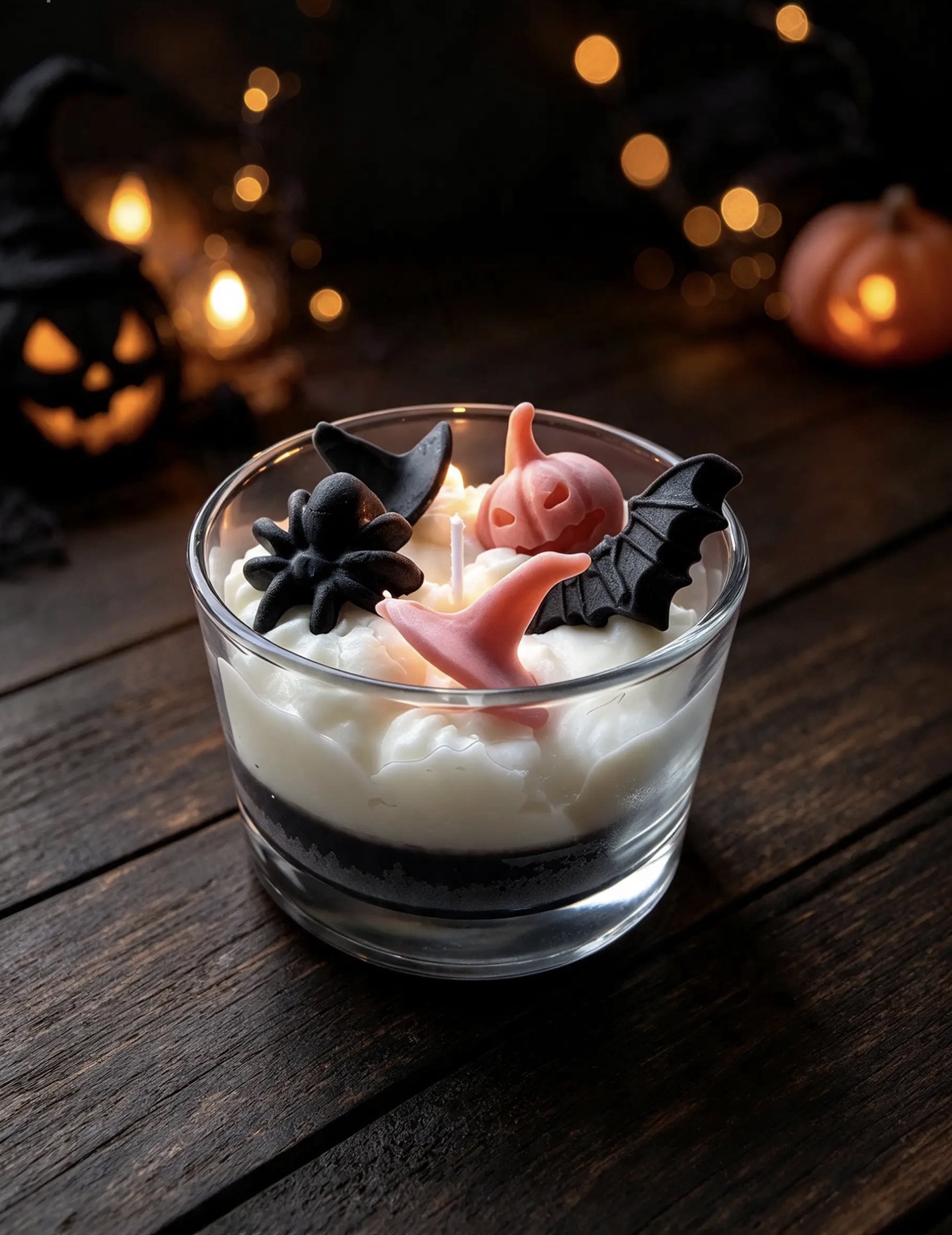 Candela a tema Halloween con ragno nero, pipistrello e decorazioni rosa in cera