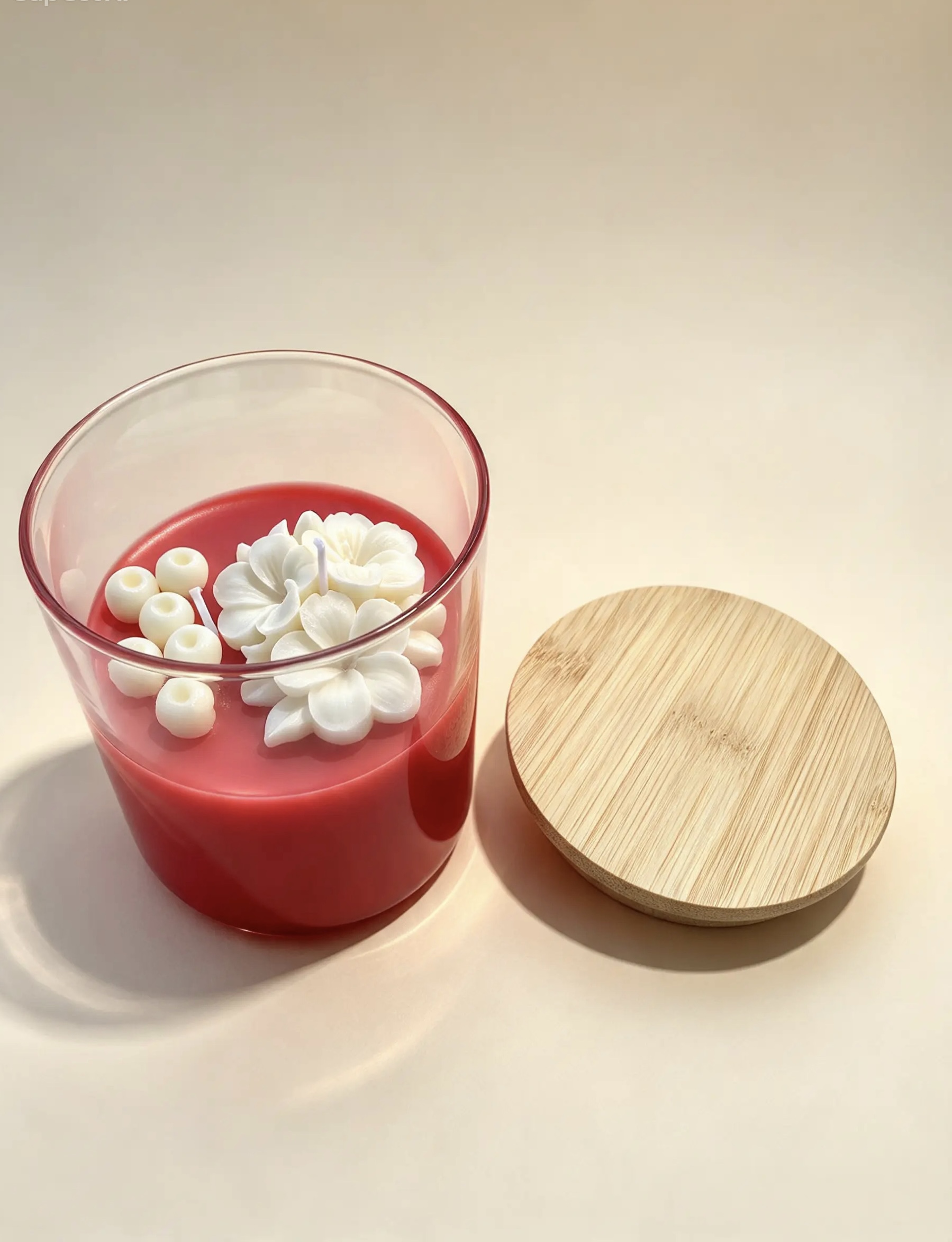 Candela rossa in vetro decorata con fiori e perle di cera bianche