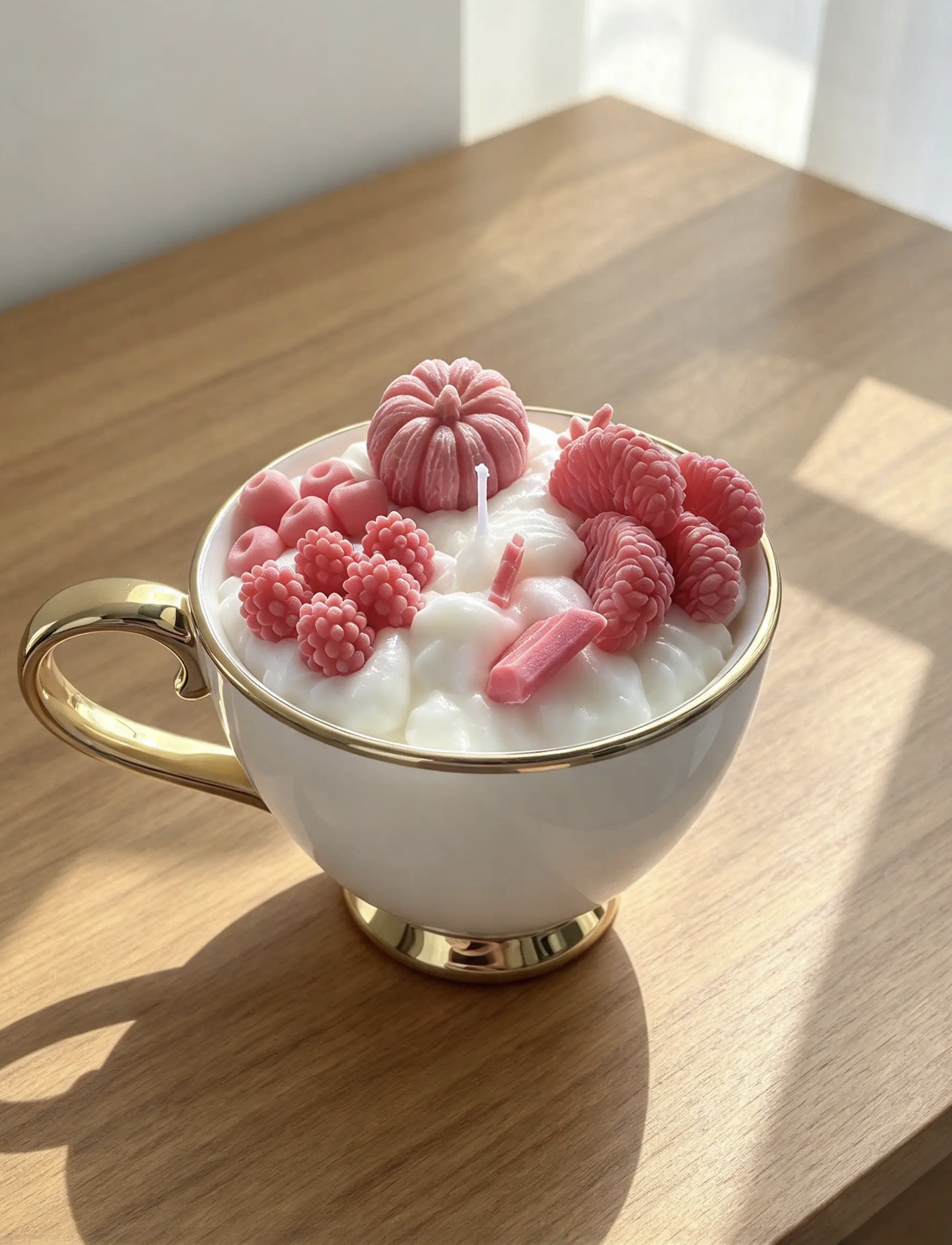 Candela decorativa rosa in una tazza bianca con dettagli dorati